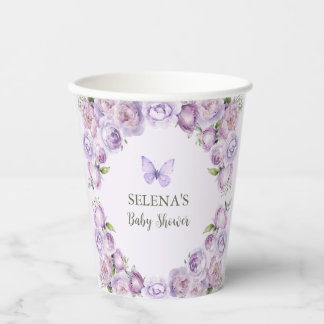 Gobelets En Papier Élégant Baby shower papillon floral violet