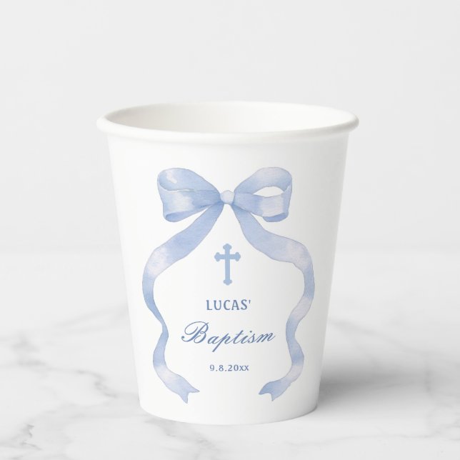 Gobelets En Papier Élégant Baptême Bleu Bow (Recto)