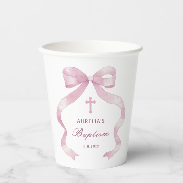 Gobelets En Papier Élégant Baptême de la cou rose (Recto)