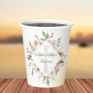 Gobelets En Papier Élégant Baptême Party Personnalisé rose floral ros