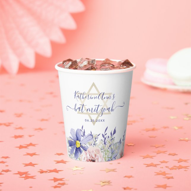 Gobelets En Papier Élégant Bat mitzvah floral rose pourpre (Insitu)