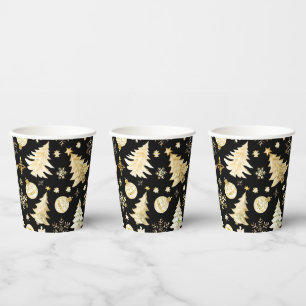 Gobelets En Papier Élégant Black Gold Snowflakes Christmas Tree Balls