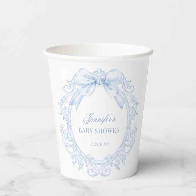 Gobelets En Papier Elegant Blue Frame Bow Baby Boy Shower (Verso)