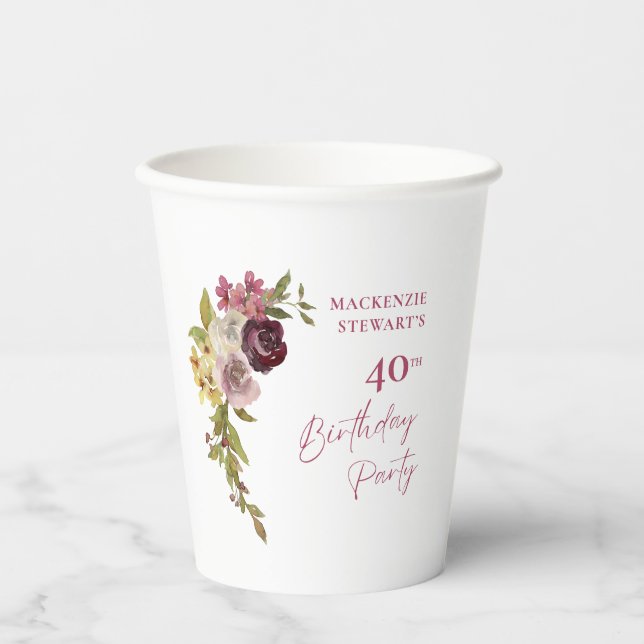 Gobelets En Papier Élégant Bourgogne rose floral 40e anniversaire (Recto)