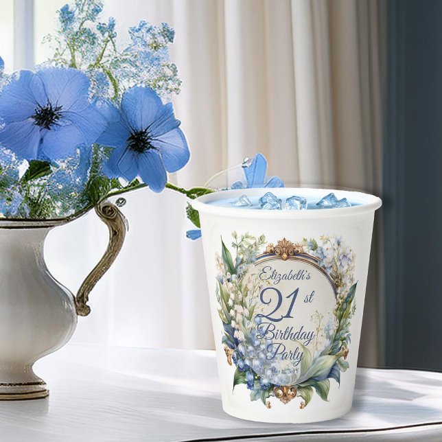 Gobelets En Papier Elégant cadre floral baroque 21ème anniversaire (Elegant Baroque Floral Frame 21st Birthday Party Paper Cups)