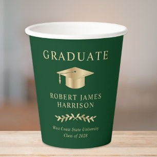 Gobelets En Papier Élégant Casquette de grade Green Gold Graduation P