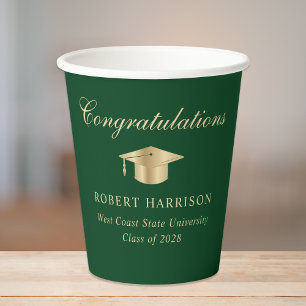 Gobelets En Papier Élégant Casquette de grade Green Gold Graduation P