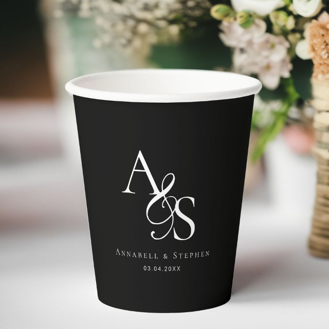 Gobelets En Papier Élégant, Classique, Monogramme, Mariage (Elegant, Classic, Monogram, Black, Wedding Paper Cups with your name and date.)