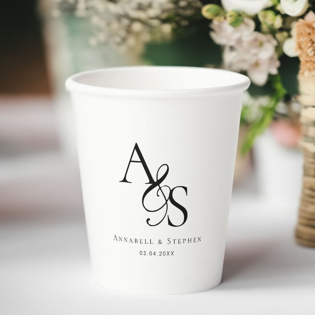 Gobelets En Papier Élégant, Classique, Monogramme, Mariage (Elegant, Classic, Monogram, Wedding Paper Cups with your name and date.)