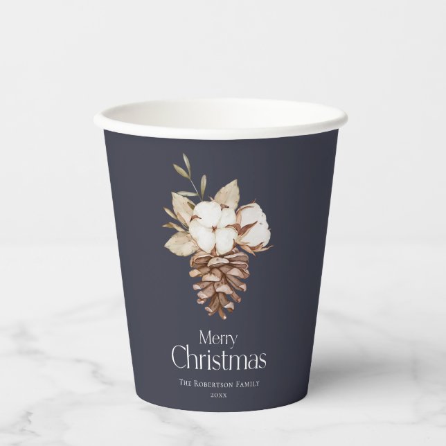 Gobelets En Papier Élégant coton rustique et pinecone Noël (Recto)