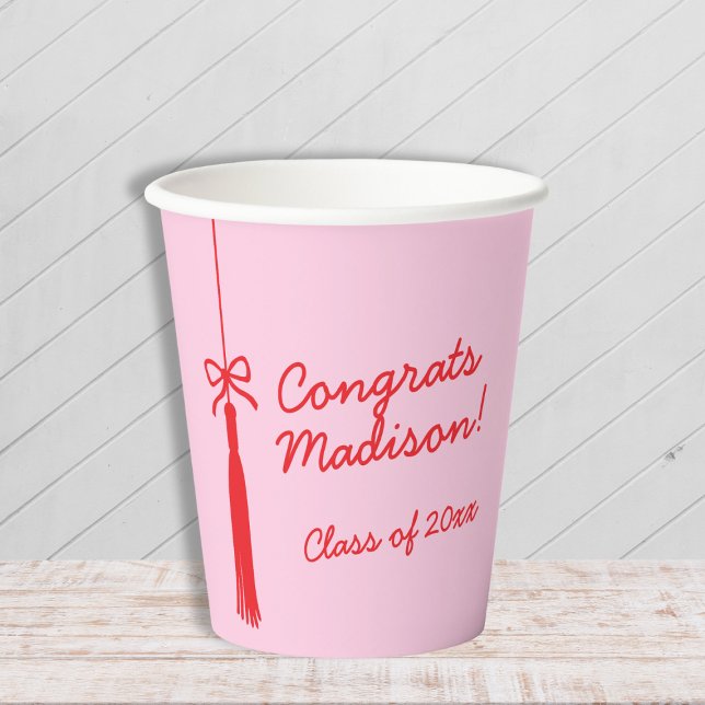 Gobelets En Papier Élégant Grad Tassel Bow Rose Rouge 2025 Graduation (Elegant Grad Tassel Bow Pink Red 2025 Graduation Paper Cups)