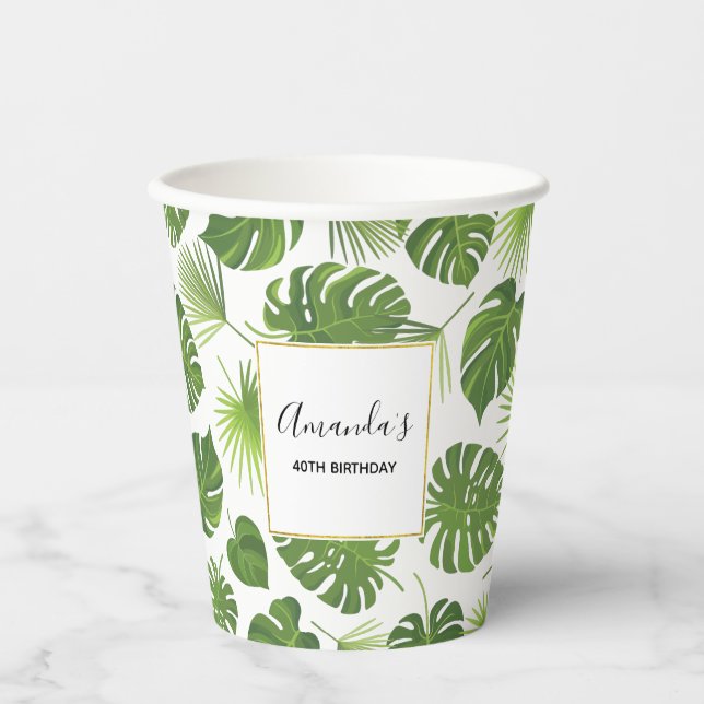 Gobelets En Papier Elégant Green Tropical Feuille Motif Anniversaire (Recto)
