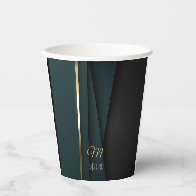 Gobelets En Papier Élégant Luxueux Dark Green Gold Monogramme Nom (Recto)