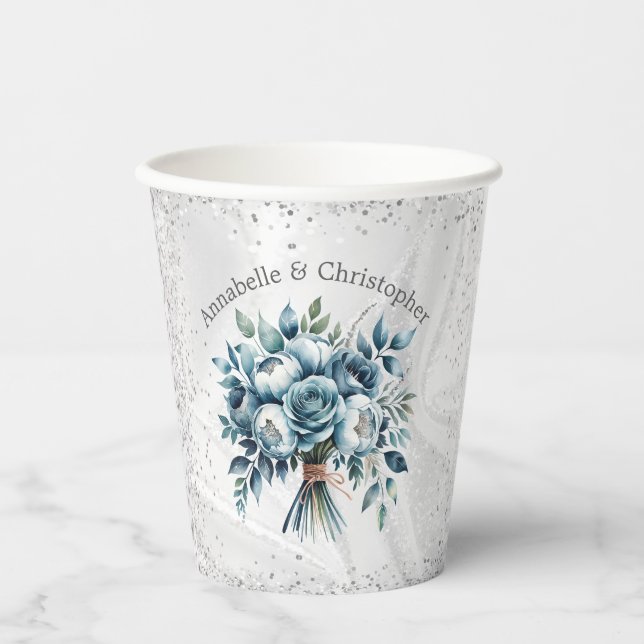 Gobelets En Papier Elégant Mariage de bouquet bleu bleu argent Dusty (Recto)