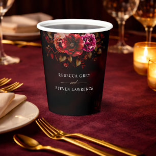Gobelets En Papier Élégant mariage floral rouge noir d'ambiance