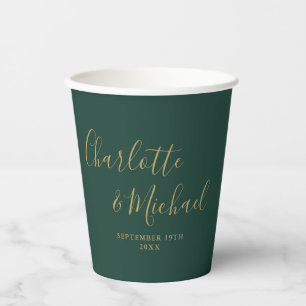 Gobelets En Papier Élégant mariage vert émeraude et or Script
