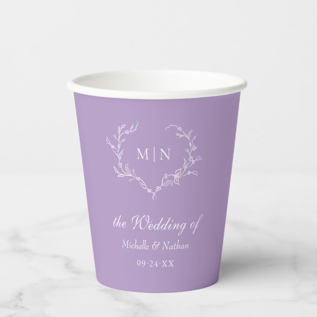Gobelets En Papier Élégant Mariage violet Monogram Wreath (Recto)