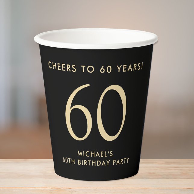 Gobelets En Papier Elegant Mens Black Gold 60th Birthday Party (Créateur téléchargé)