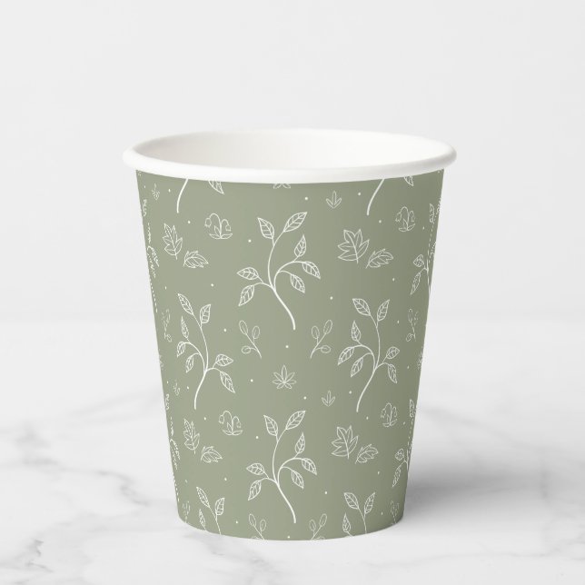 Gobelets En Papier Élégant motif végétal botanique en vert olive (Recto)