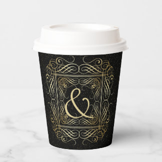 Gobelets En Papier Élégant or Foil Look Scrollwork Script sur noir