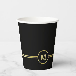 Gobelets En Papier Élégant or Monogramme personnalisé sur noir