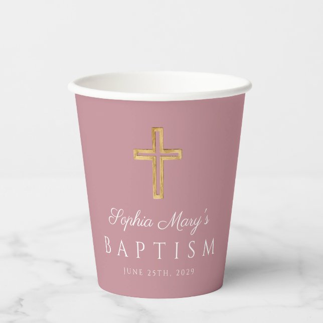 Gobelets En Papier Élégant rose de Croix Religieuse Fille Baptême (Recto)