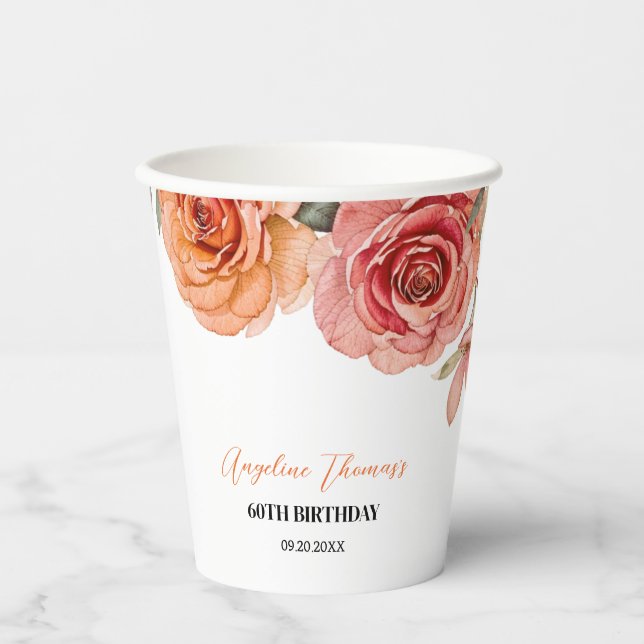 Gobelets En Papier Elégant Rose Floral Rouge Orange (Recto)