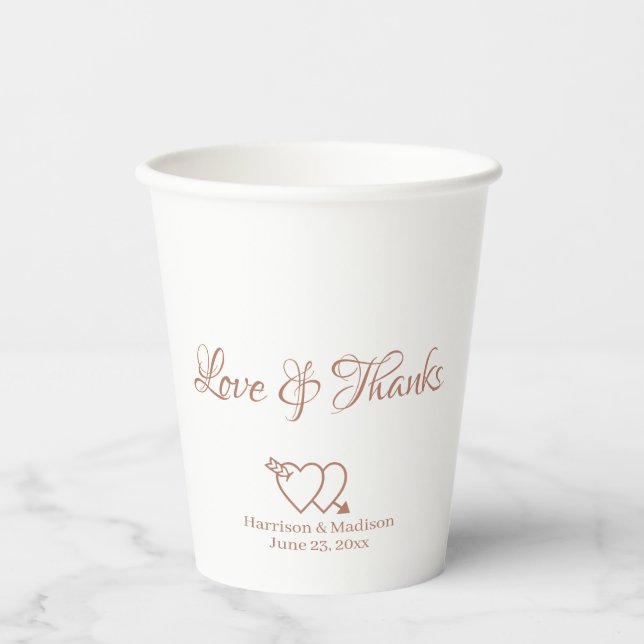 Gobelets En Papier Élégant rose or script personnalisé coeurs mariage (Recto)