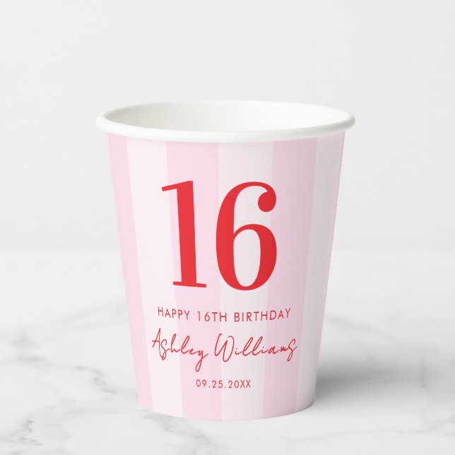 Gobelets En Papier Élégant rose rouge moderne 16e anniversaire (Recto)