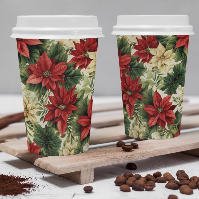 Gobelets En Papier Élégant Rouge Poinsettia Floral Noël (Créateur téléchargé)