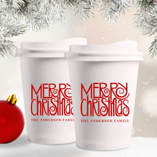 Gobelets En Papier Élégant Rouge Script Joyeux Noël Personnalisé