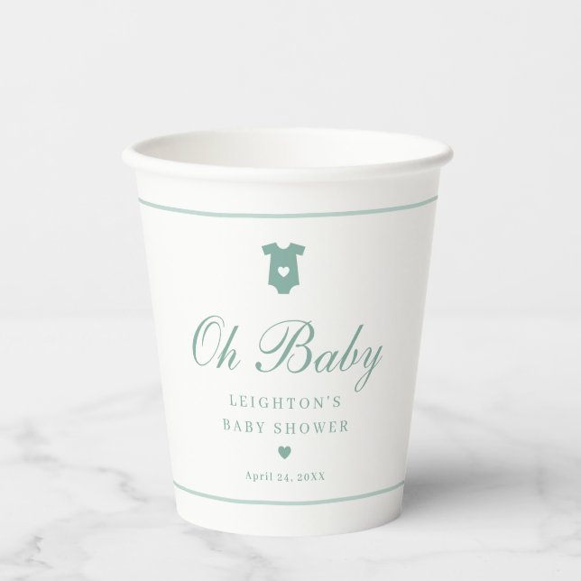 Gobelets En Papier Élégant Sage Green Script Oh Baby shower (Recto)