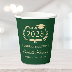 Gobelets En Papier Élégant Script Green Gold Graduation Party