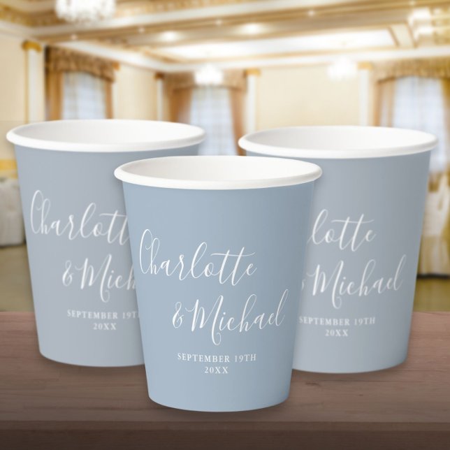 Gobelets En Papier Élégant signature Script Dusty Mariage bleu (Elegant Signature Script Dusty Blue Wedding Paper Cups)