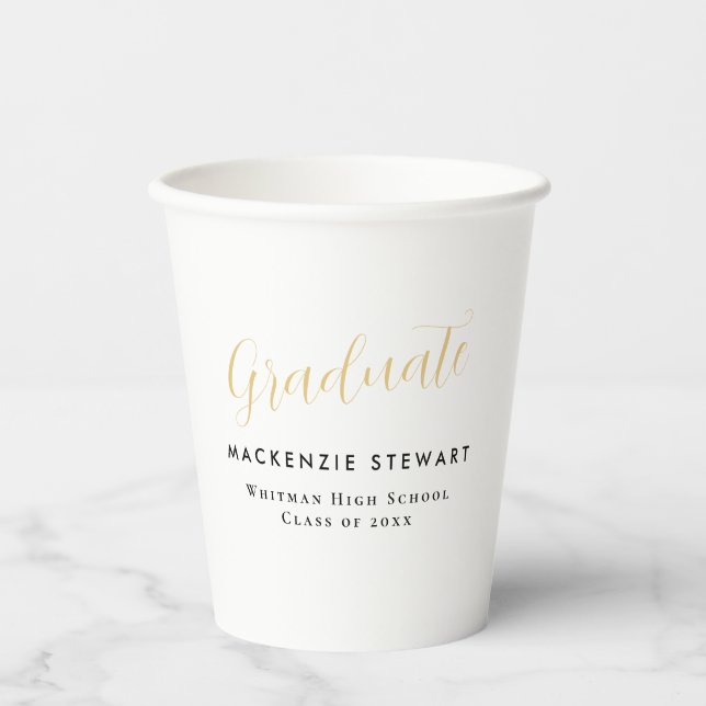 Gobelets En Papier Élégant Simple Gold Script Graduation Blanc (Recto)