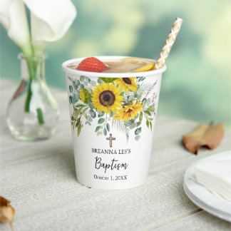 Gobelets En Papier Élégant Tournesol & Eucalyptus Bohème Croix Baptêm