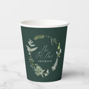 Gobelets En Papier Élégant vert mariage de script botanique moderne