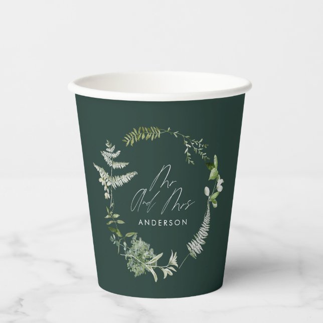 Gobelets En Papier Élégant vert mariage de script botanique moderne (Recto)