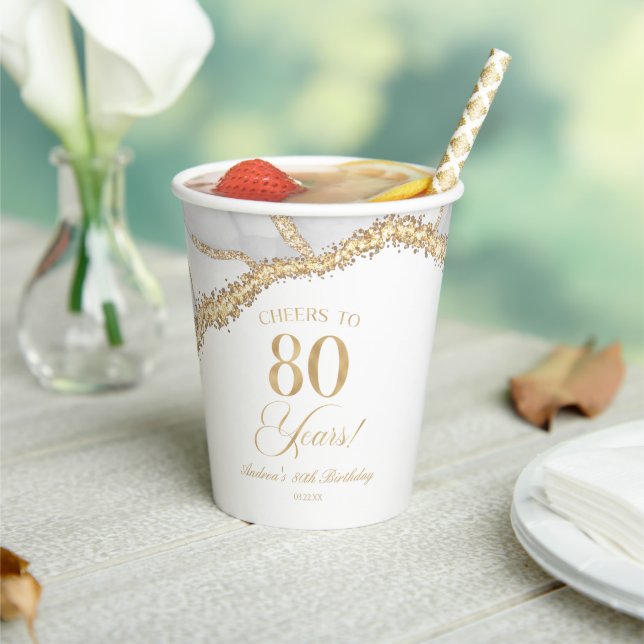 Gobelets En Papier Elegant White Gold Agate 80th Birthday Party (Insitu)
