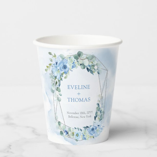 Gobelets En Papier Elégante aquarelle bleu vert fleuri mariage (Recto)