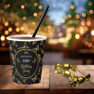 Gobelets En Papier Elégante Black Gold Butterflies 100 Anniversaire