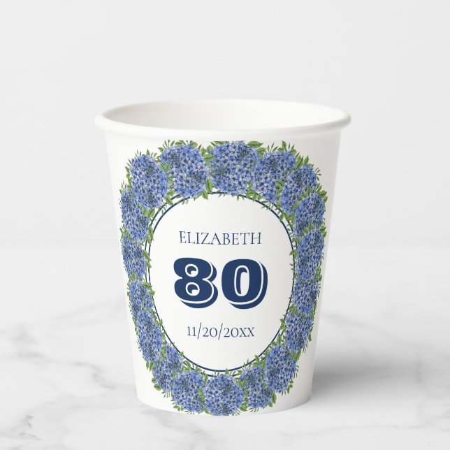 Gobelets En Papier Elégante Blue Hydrangeas fête de 80e anniversaire (Recto)
