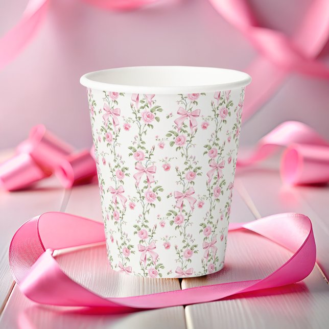Gobelets En Papier Elégante Coquette Bow Rose Anniversaire (Créateur téléchargé)