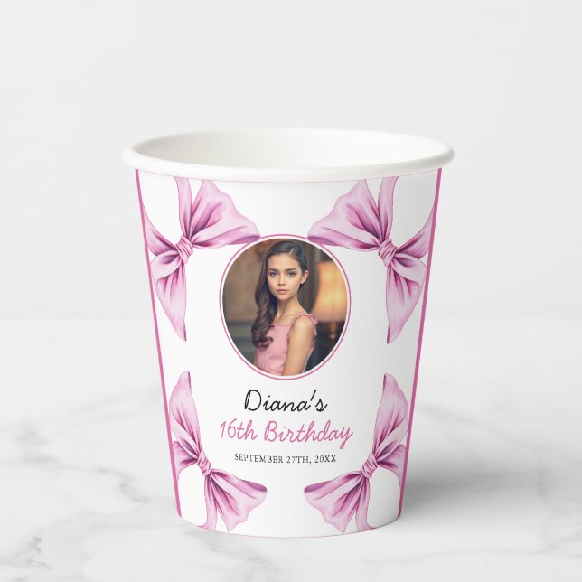 Gobelets En Papier Élégante coquette de la cou rose Photo Sweet 16 An (Recto)