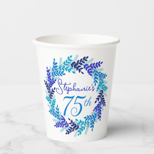 Gobelets En Papier Elégante couronne bleue 75e fête d'anniversaire (Recto)