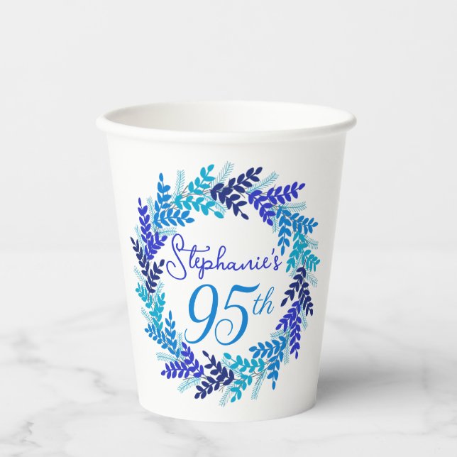Gobelets En Papier Elégante couronne bleue 95e fête d'anniversaire (Recto)