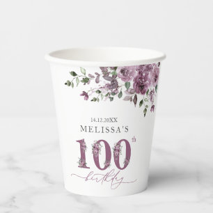 Gobelets En Papier Elégante Fleurs violettes 100e fête d'anniversaire