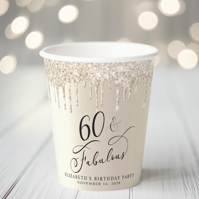 Gobelets En Papier Elégante Parties scintillant d'or 60e fête d'anniv (Créateur téléchargé)