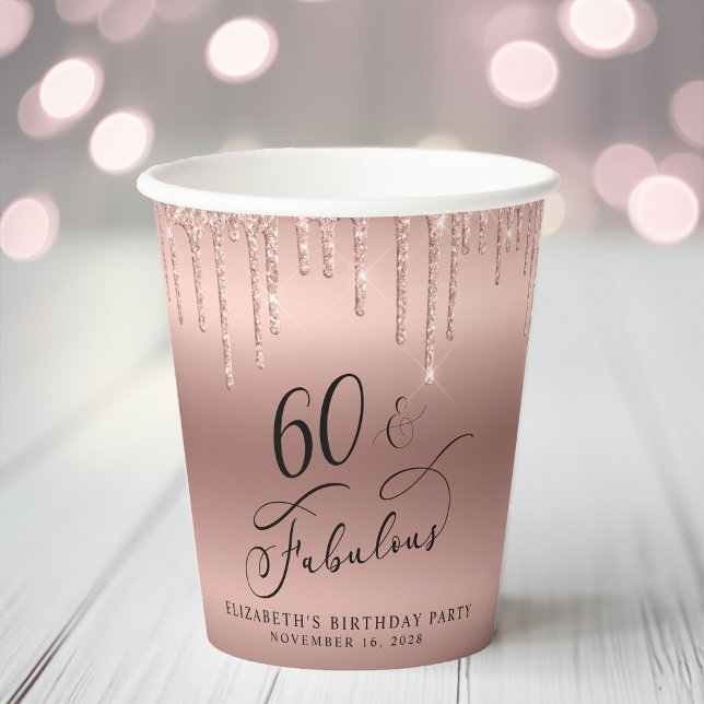 Gobelets En Papier Elégante Parties scintillant Rose Gold 60e fête d' (Créateur téléchargé)