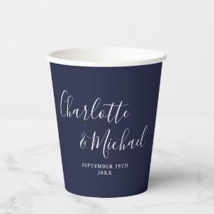 Gobelets En Papier Élégante Signature Script Mariage Bleu Nuit